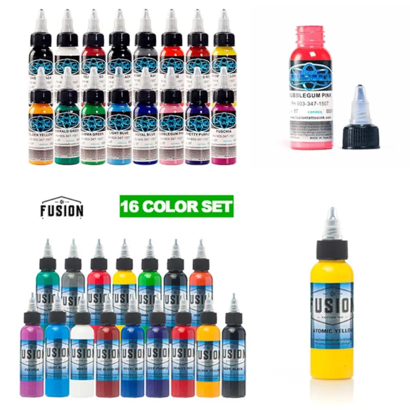 16pcs tattoo inkt fusion tattoo inks 16 kleuren ingesteld 1 oz 30 ml/fles tattoo pigmentkit voor 3D make -up schoonheid huidlichaam kunst.