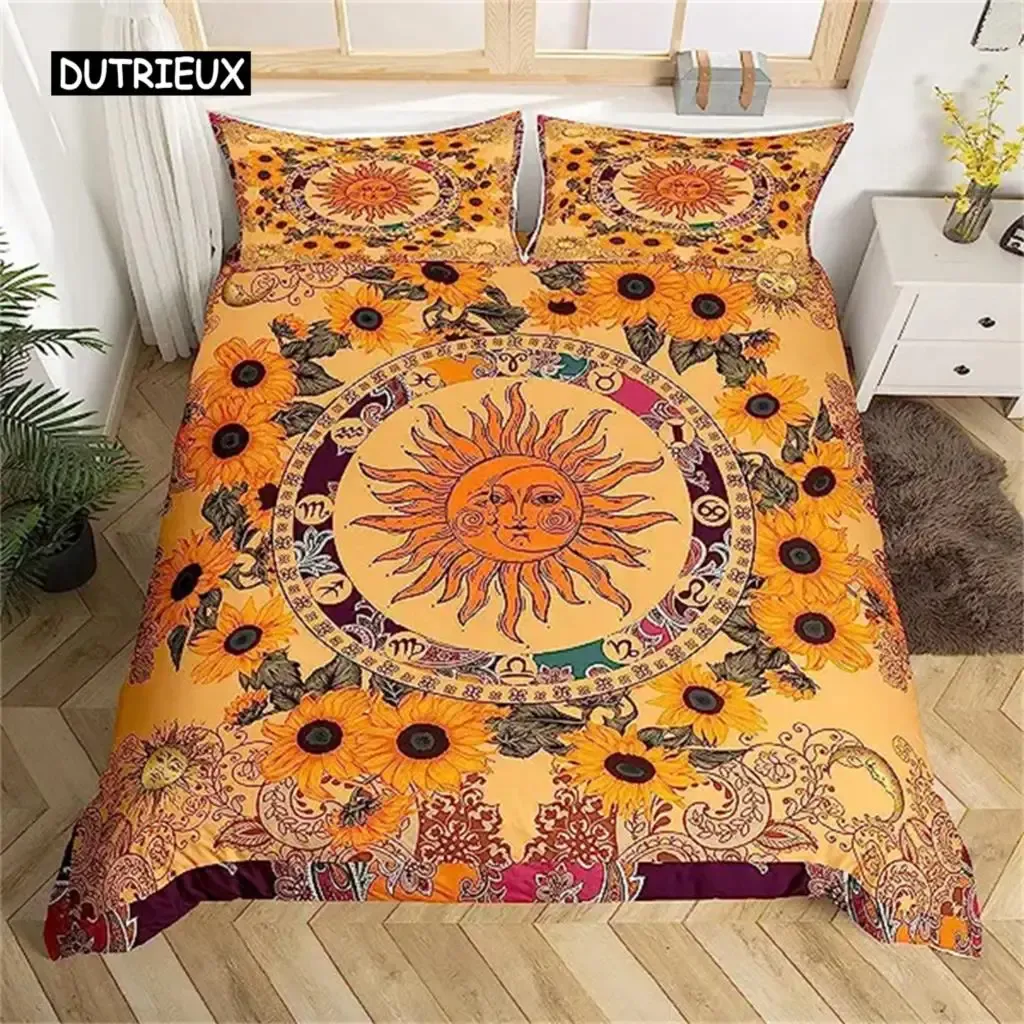 Zestawy kołdry żółte słońce i księżyc słonecznik kołdra vintage Indian Boho Floral pościel w kolorze mandala plemienia styl bohemijski