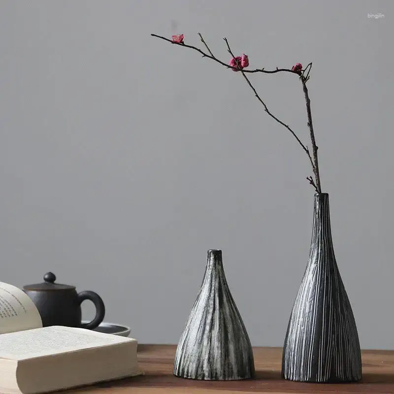 Vazen Chinese Zen-achtige verticale strepen Handgemaakte keramische bloemenwaren Creatieve woonkamer El Decoratie Crafts Vase Ornamenten