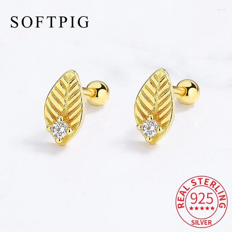 Stud Earrings SOFTPIG Real 925 Sterling Silver Zircon CZ Leaves Piercing Screw Ball Thread Bead For Women Cute Fine Jewelry