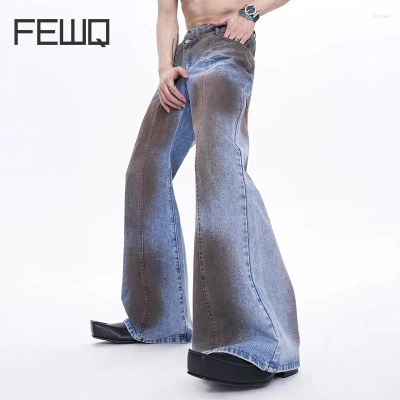 Jeans masculins Fewq High Street Tie-Dyed Looes Zipper Bell-Bottoms Vintage Pantal