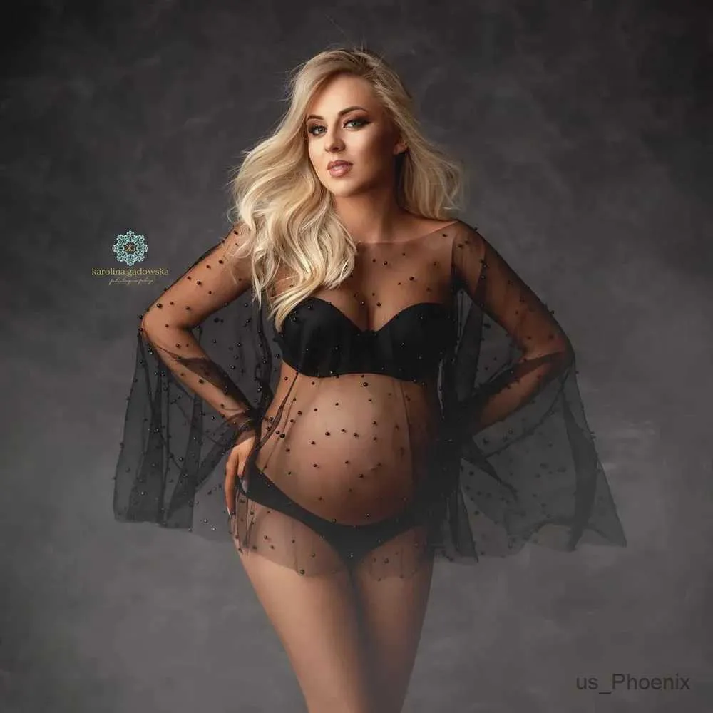 Maternity Dresses Pearl Tulle Maternity Photography Cape Boat Neck Transparent Tulle Pearls Pregnancy Photo Shoot Short Cape