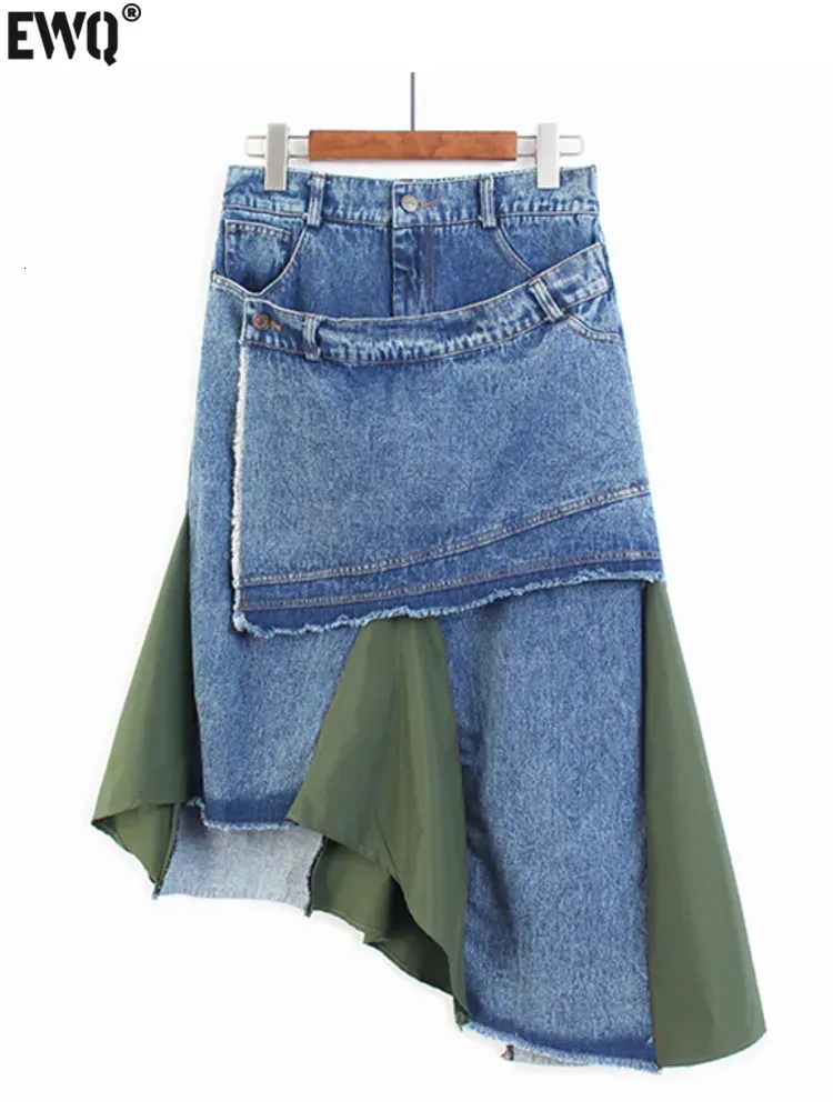 EWQ Nieregularna dżinsowa spódnica letnia osobowość wysoka talia luźna streetwear środkowa spódnice midi