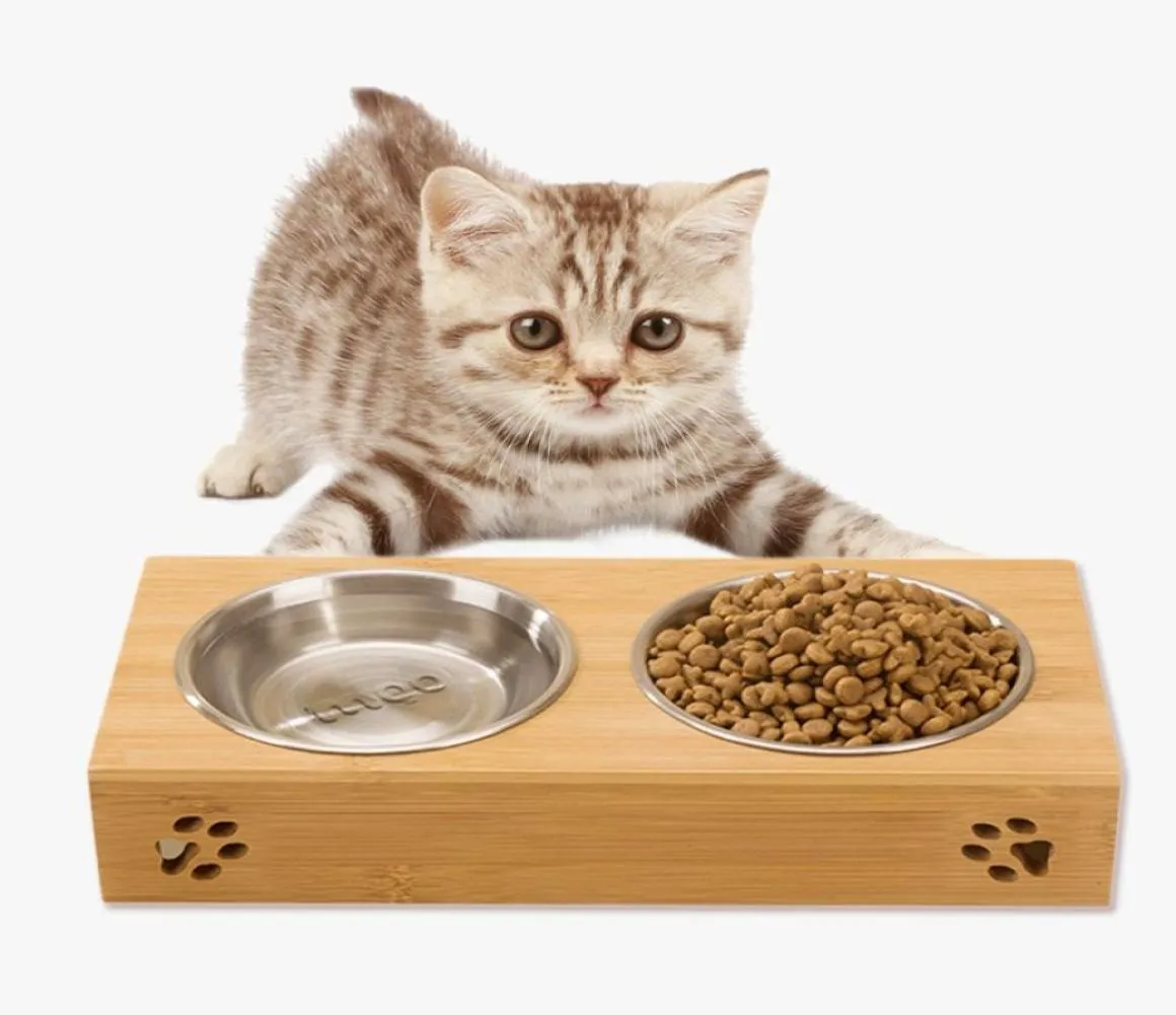 Pet Dog Bowl Bambu Aço inoxidável alimento duplo água de pelúcia alimentador de cachorro Tigela de gato tigela de gato tigelas de animais de estimação DUALUSE FELIZAÇÃO DISH9714329