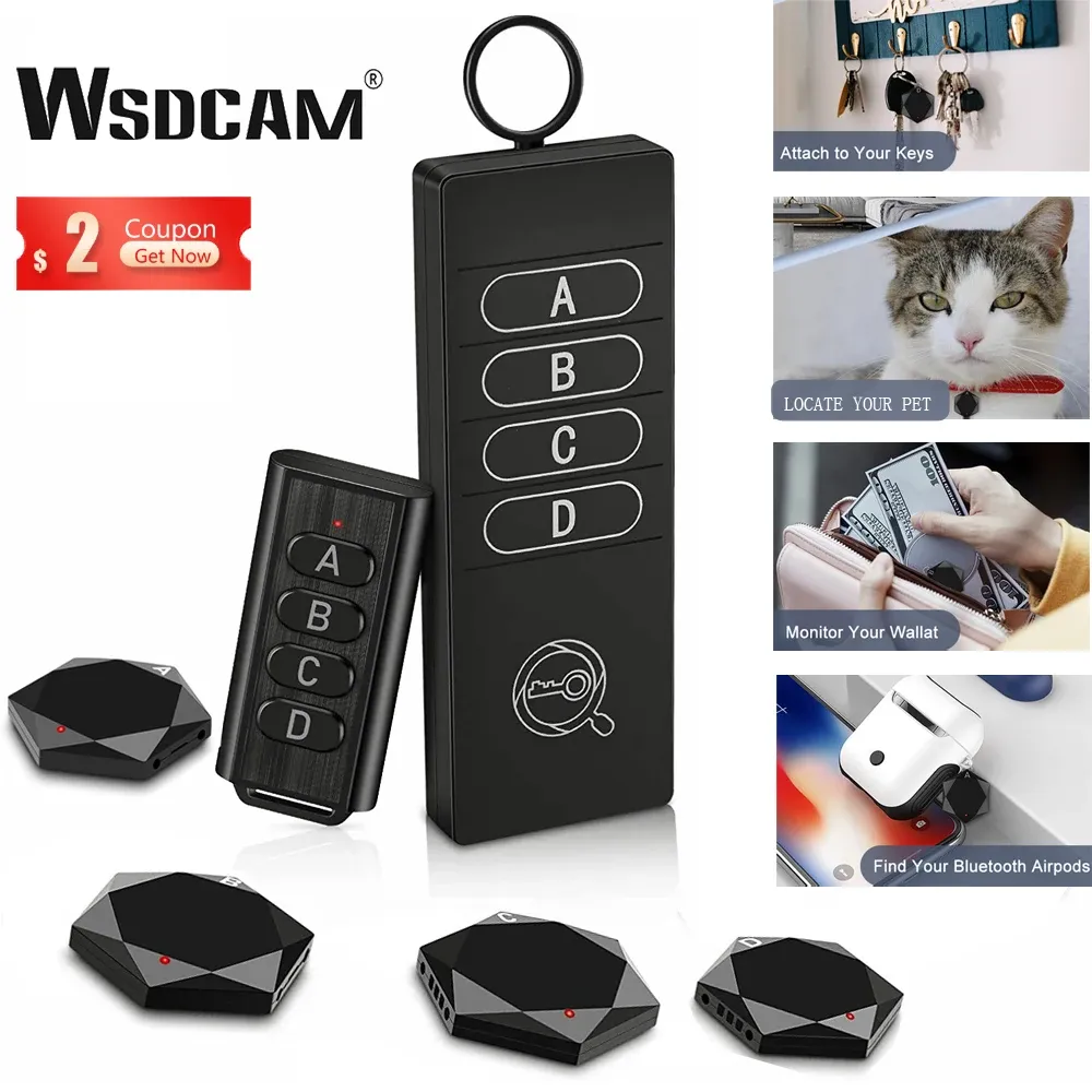 Alarme WSDCAM Wireless Key Finder PET GPS Tracker 85dB Locador de chaves Remote Control 1 RF Transmissor 4 Receptor com faixa de trabalho de 165 pés