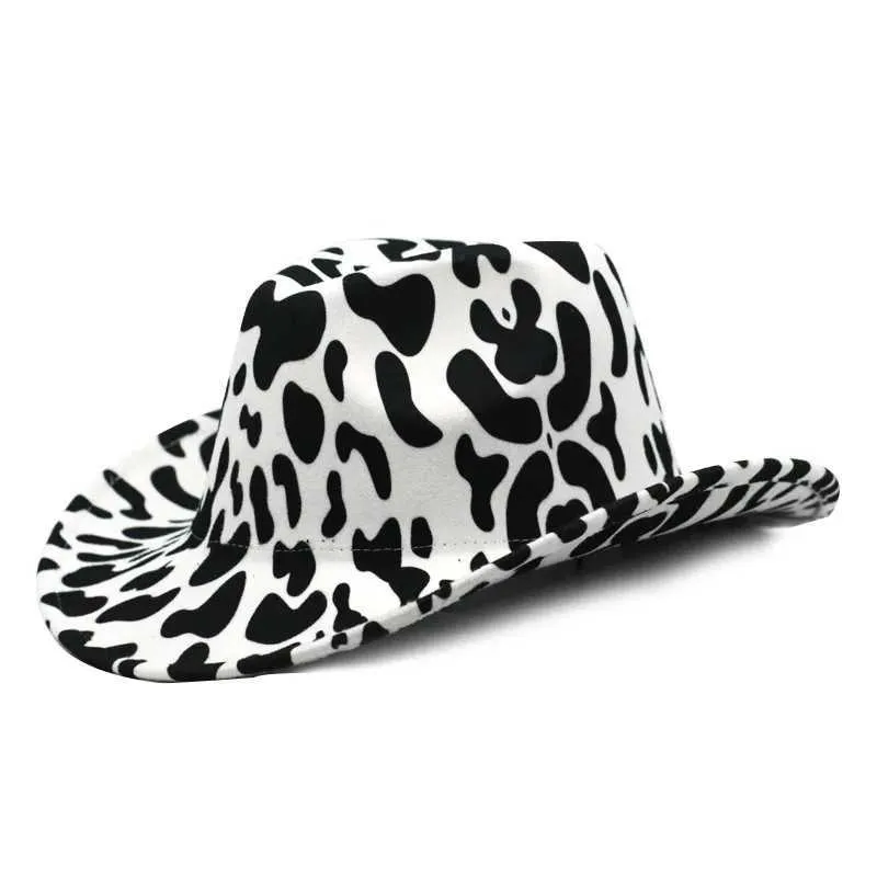 Breda randen hattar hink hattar cowboy hatt höst och vinter leopard tryck män och kvinnors jazz topp hatt manschetter europeiska och amerikanska retro mode västerländska ko y240425