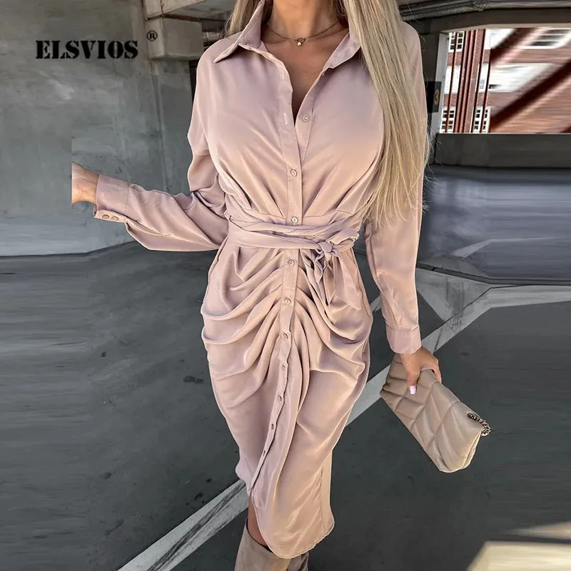 Ladies Elegant Solid Fold Irregular Skirt Casual Long Sleeves Ttrn-down Collar Button Cardigan Shirt Dress Spring Summer Dresses 240417