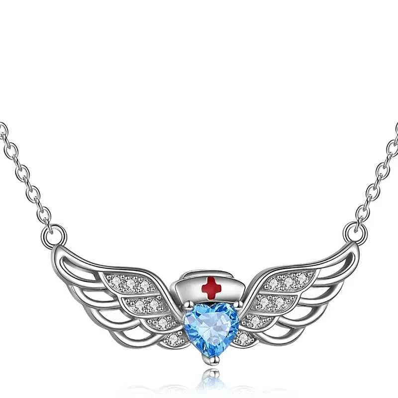 Pendant Necklaces Exquisite White Guardian Lady Necklace Blue Jewelry Strap Angel Wing Doctor Nurse Theme Halloween_voghion.com