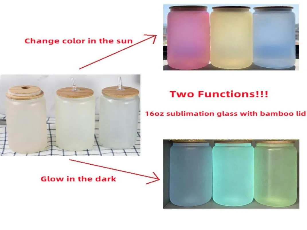 Zwei Funktionen 16oz Sublimation Glas können in der dunklen Glas -UV -Farbe glühen, mit Bambus Deckel A5301279 Gläser zu trinken.
