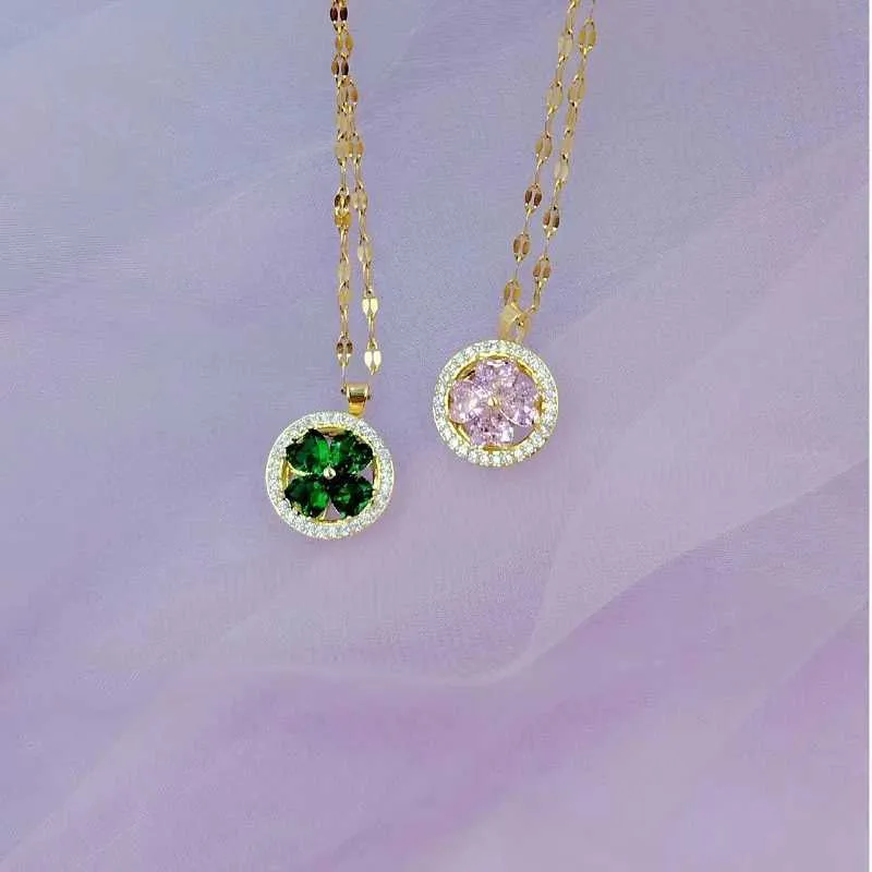 Green Flower Clover Pendant Necklace Vintage Style Gift_voghion.com