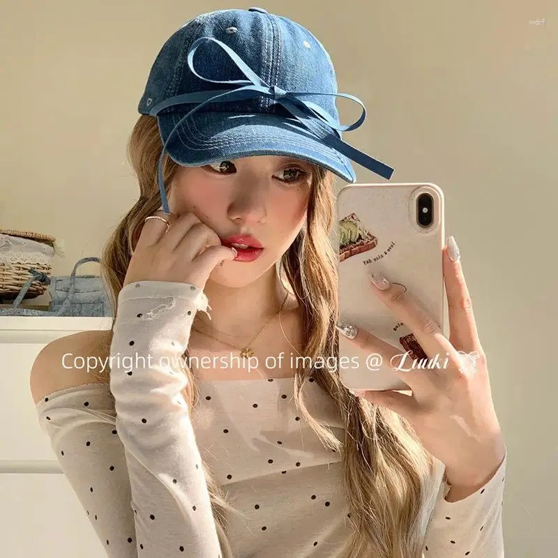 VISURE COREA Sweet Girl Bow Denim Versatile per il cappello da baseball primaverile/estate da donna Accessori alla moda femminile