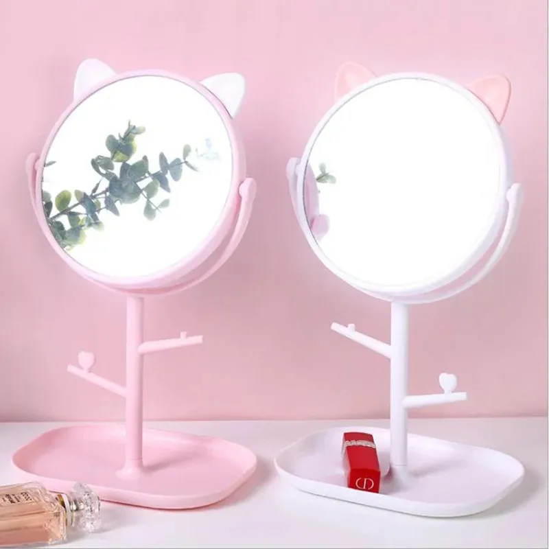Nuevo espejo de maquillaje de orejas para gatos nuevos 2024 con soporte de joyería 360 ° Tabla de rotación Base de encimera Uso para el escritorio de baño Espejos cosméticos para