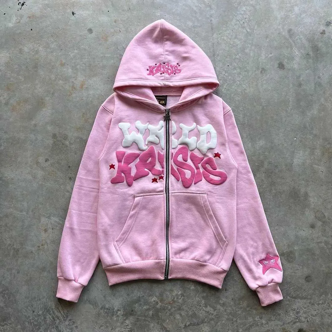 Sweats à capuche masculine Sweatshirts Harajuku Pink Letter Foam Hoodie 2024 European and American Classic Loose Casual Men and Women Y2K Vêtements Zip Up Hoodie 240424