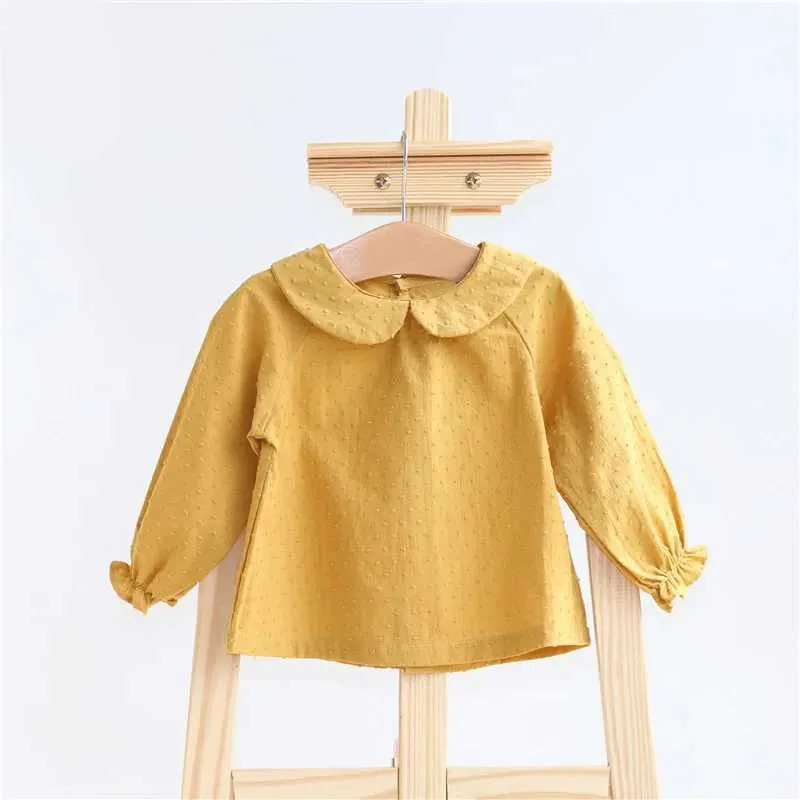 Barnskjorta 0-3t vår Nya spädbarnsblusar Baby Girl Solid Puff Sleeve Shirts Cotton Spädbarn Långärmning T Skjortor Toddler Casual Lapel Tops H240425