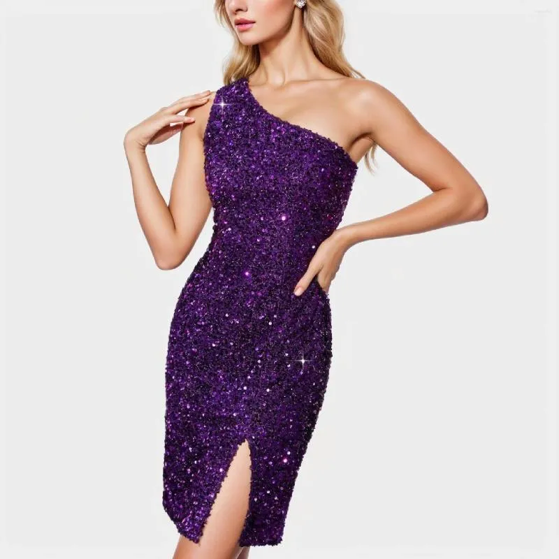 Casual Dresses Sequined One Shoulder Mini Dress Sexig Off Slit Sequin Sleeveless Elegant Luxury Prom Evening For Women