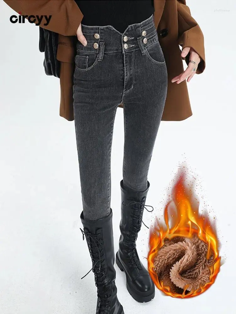 Jeans femminile Circyy for Women Pants Denim Slip Velvet High Welned Skinny Pencil Skinking Inverno Calda Calza Casualmente Casualmente
