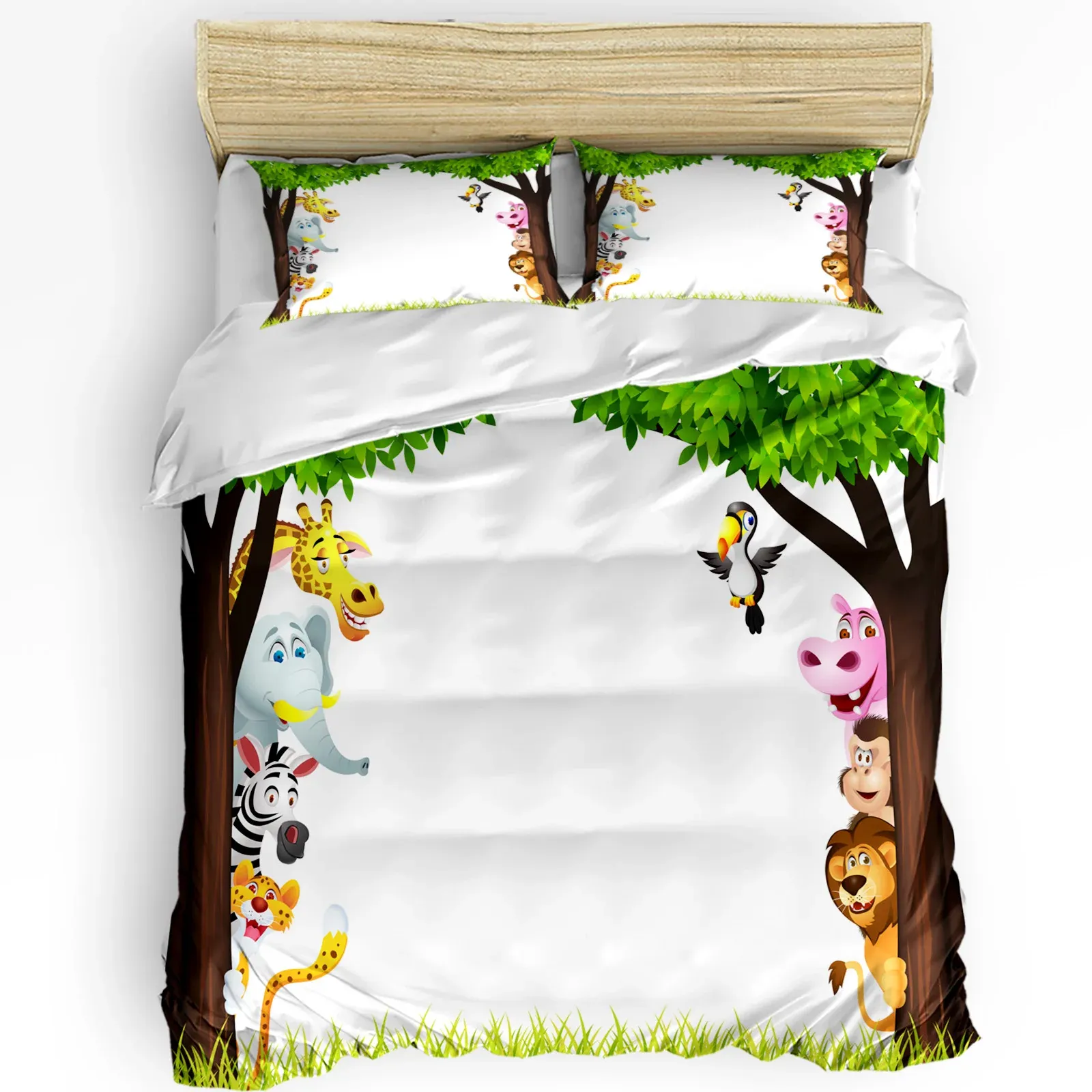 Uppsättningar Jungle Forest Cartoon Animal Lion Elephant 3st Sängkläder Set för dubbelsäng Hemtextil Däcke täckt täcke omslagskudde