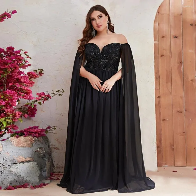 Feestjurken 2024 Zwarte lange jurk avondje uit de schoudermantelmouwen een lijn pailletten chiffon plus size dames prom jurken custom