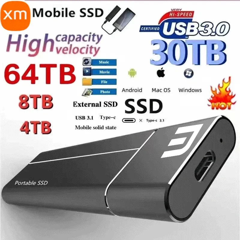 Caixas portáteis de alta velocidade disco rígido SSD 1TB 2TB 4TB Estado sólido externo DISCA DE USB 3.0 TIPO DE 16TB DISCOS HUDENTES PARA XIAOMI PARA LAPTOPS