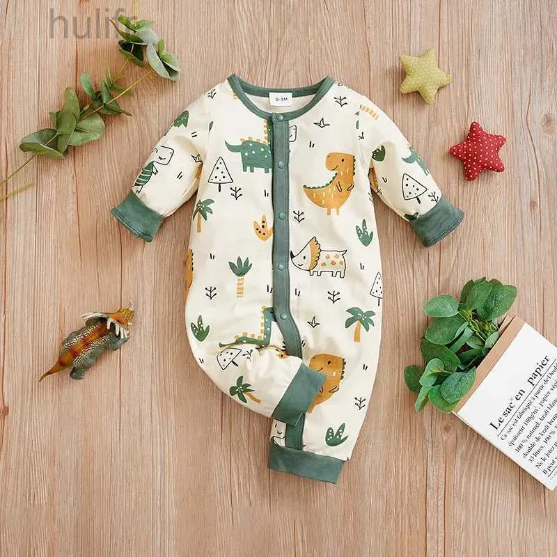 ROMPERS süßer Cartoon Green Dinosaurier Druck Baumwolle Baby Kleidung Frühling und Herbst 0-2-jähriges Baby einteiliges langärmeliges Neugeborenes Strampler D240425