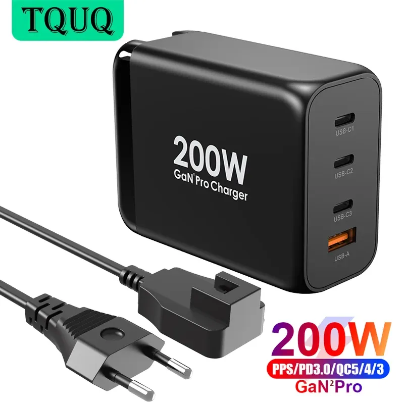 Laddare TQUQ 200W GAN USB C Wall Charger Power Adapter, 4 Port PD 100W 65W PPS QC5 45W SCP för bärbara datorer MacBook iPad iPhone Samsung Xiaomi