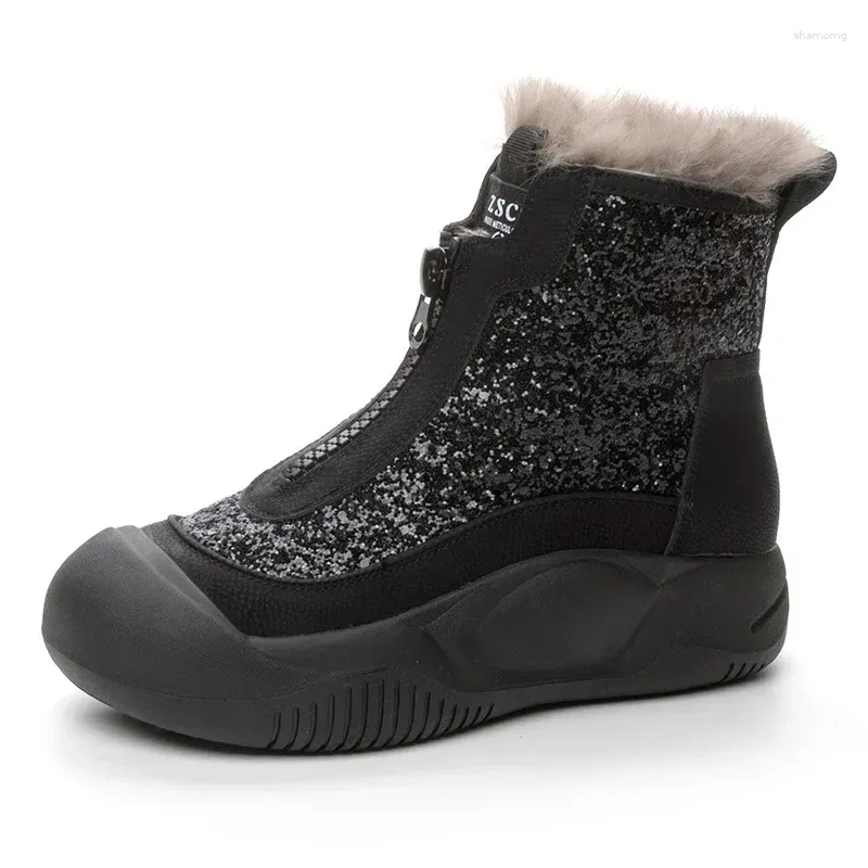 Boots 6CM Top Quality Genuine Leather High-top Plush Women's Short Booties Fashion Versatile Snow Platform Winter