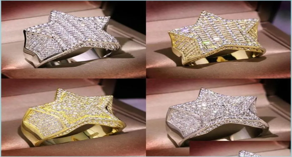 Met zijstenen Heren Gold Ring Stones FivePointed Star Fashion Hip Hop Sier Rings Sieraden 1850 T2 Drop del YzedibleShop DHD8J1899537