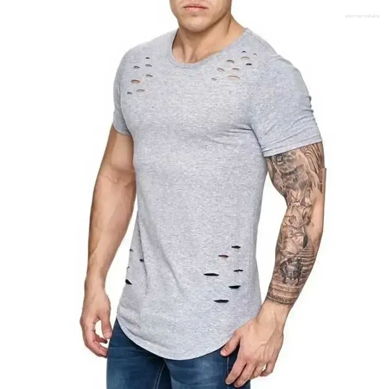 Men's Suits NO.2A2271 Hole Ripped T Shirts Men Short Sleeve T-shirt Fitness Summer Clothes Funny Solid Tshirt Streetwear Slim Tops