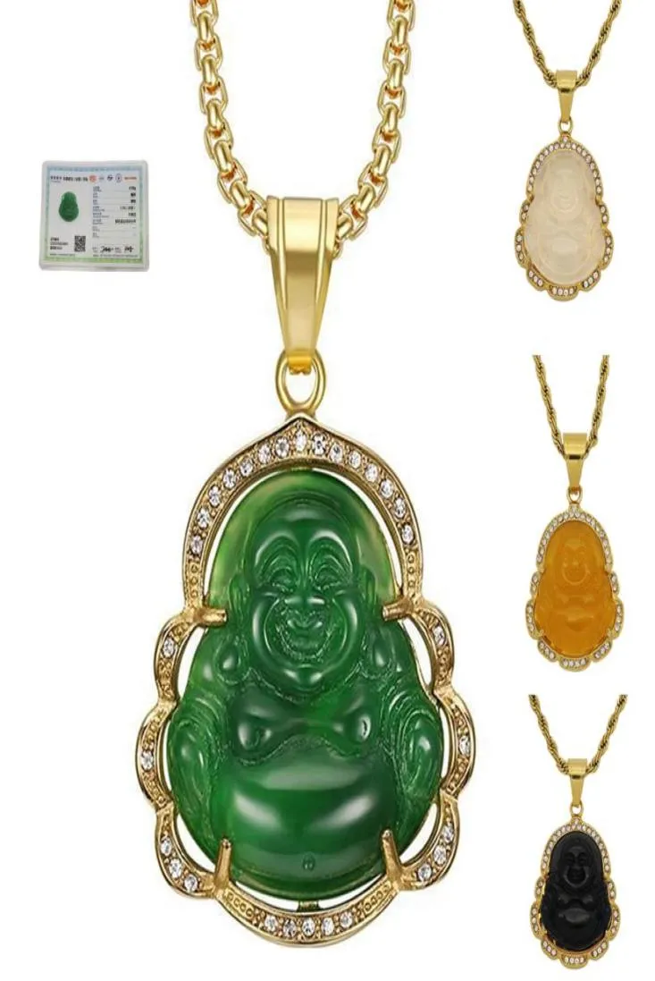 Zielona biżuteria Jade śmiech Buddha Wisianek Naszyjnik dla kobiet ze stali nierdzewnej 18K Gold Amalet Akcesoria Matki Day6170696