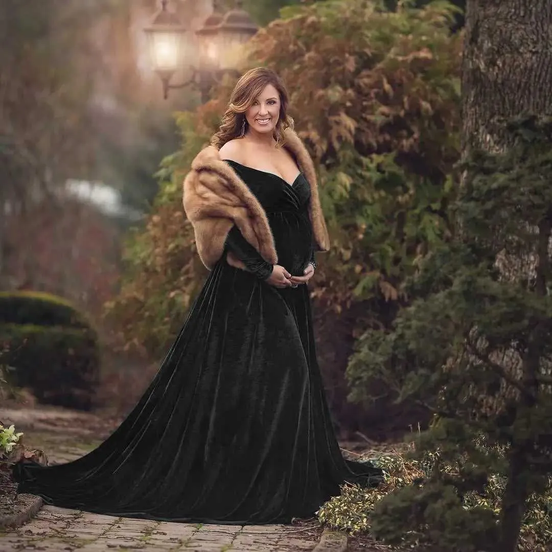Velvet Off Shoulder Fitted Maternity Dress with Long Sleeves and Long Train  for Winter Photo Shoot and Baby Shower from Dhgate Maternity Dresses -  price 38.63
