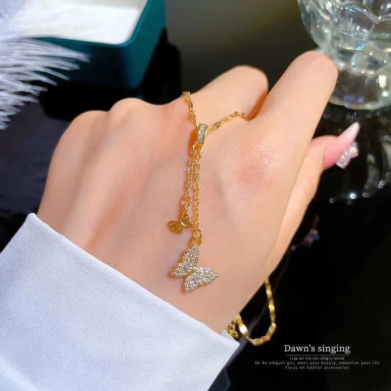 Necklaces Multilayer Jewelry Stainless Steel Tassel Pendant Shell Butterfly Necklace For Women Party Cuban Choker_senzul.com