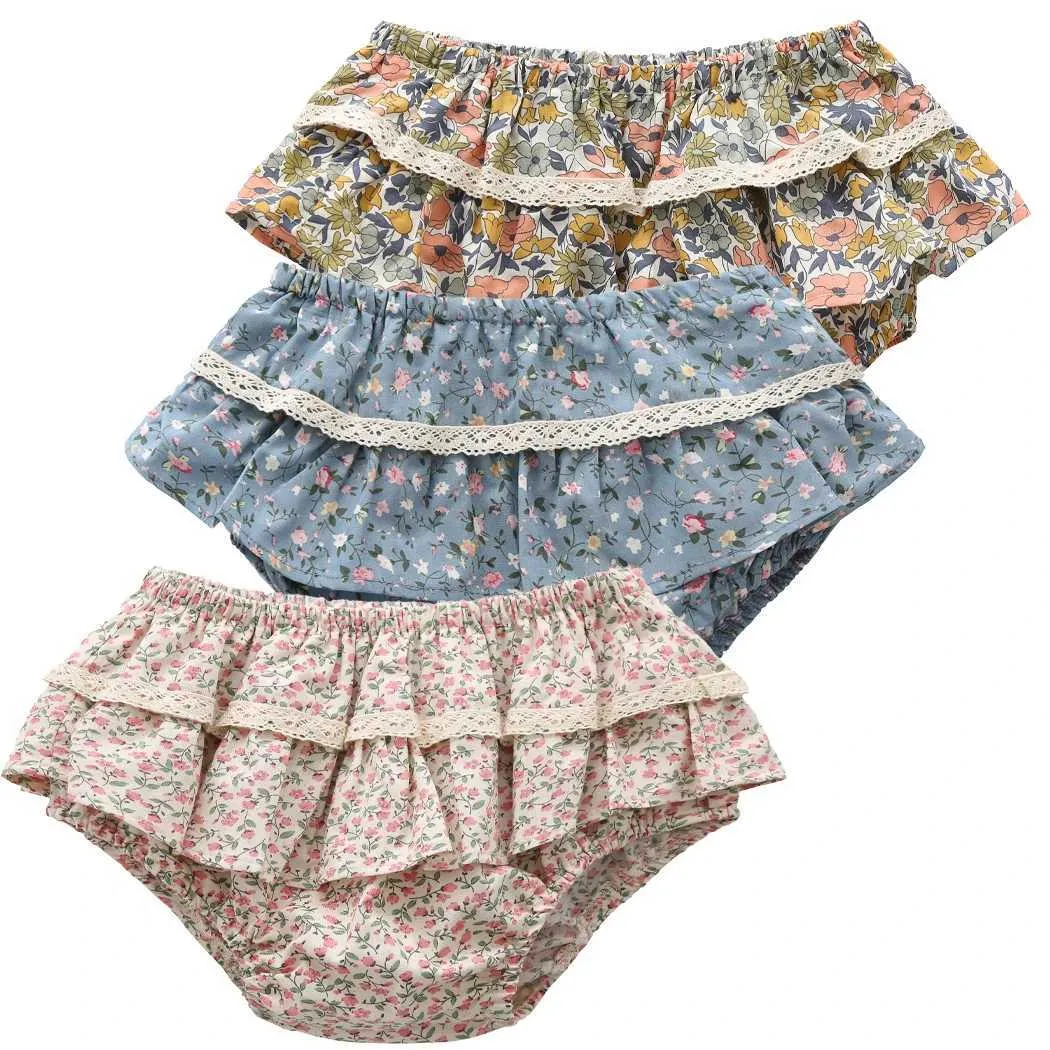 Shorts Sommer Blumen -Spitzenrock -Shorts für Kinder Kleidung Baumwolle atmungsaktive Kinder Doppel Rüschen Shorts Kleinkind Girls Bloomers H240425