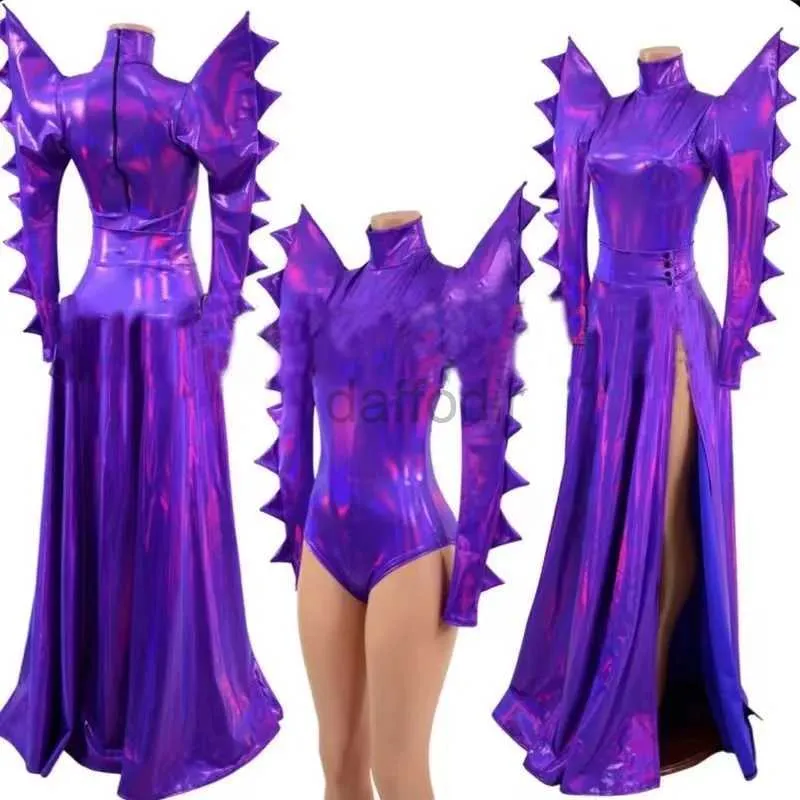 Bühnenbekleidung Nachtclub DS DJ Gogo Wear Pole Dance Outfit Drag Kostüm sexy lila Laser übertriebener Schulterbodysuit Kleid D240425