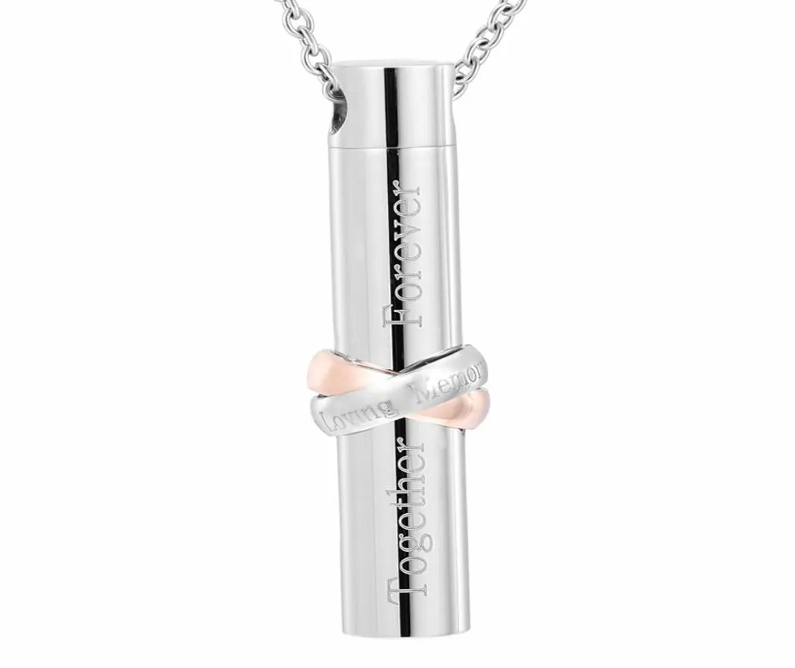 Stainless steel hollow cylinder together forever forever love cremation memorial urn necklace9313700