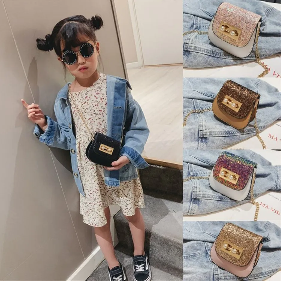 Bolsas de lantejoulas para bebês 5 cores Crianças Princess Glitter Purse Pu One-ombro-ombro Meninas de Bolsa de Designer Infantil de Bodos Cross-Bodes