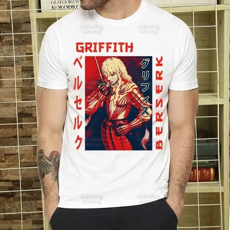 メンズTシャツBERSERKアニメTシャツメンカジュアルショートスルベリットレジェンドソードウォリアーTシャツHomme Manga Unisex Guts Griffith TシャツTS T240425