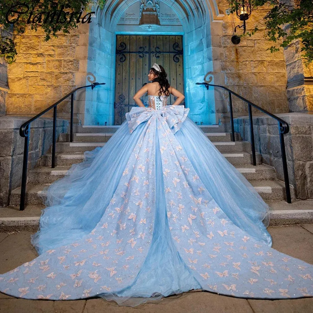 Light Blue Illusion 3D Butterfly Bow Ball Gown Quinceanera Dresses  Sweetheart Crystal Beading Corset Vestidos De 15 Anos