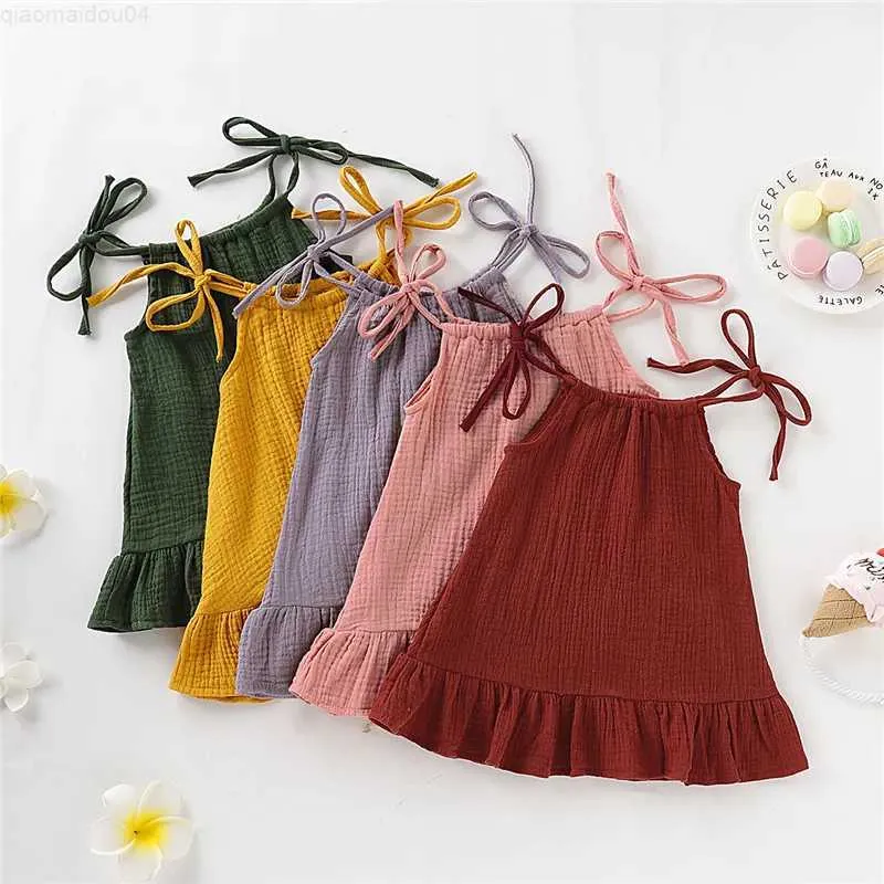 Girl's Dresses 1-5 Years Old Kid Girl Summer Breathable Cotton Slip Dress Adjustable Solid Color Halter Dress Toddler Girl Holiday BeachweaL2404