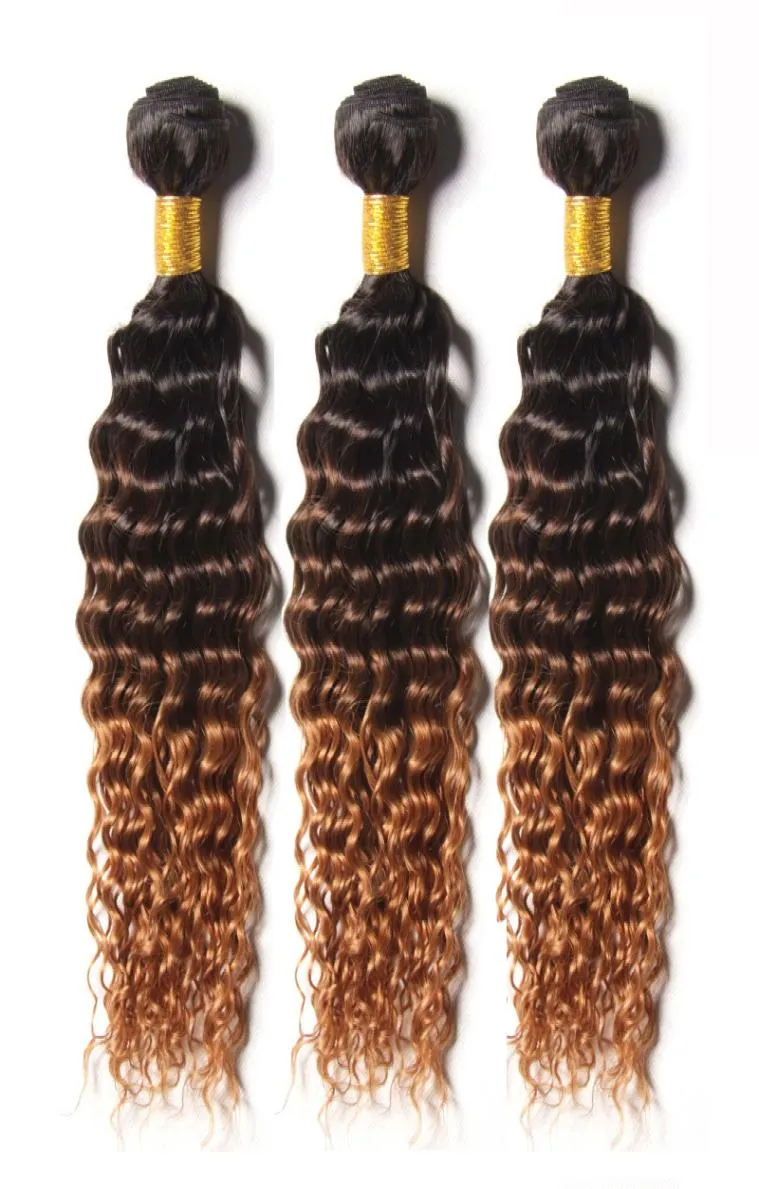 Brazilian Ombre Deep Curly Hair Bundles 3 Tone 1B430 Brown Ombre Brazilian Curly Virgin Human Hair Weaves5403654