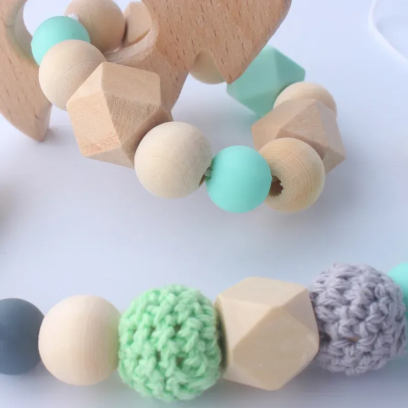 Natural Wooden Silicone Baby Teether Organic Wood Bead Pacifier Clip Crochet Rattle Teething Ring Sensory Toy
