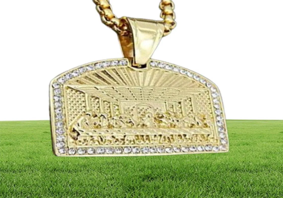 Naszyjniki wiszące cytowanie ostatniego kolacji CZ Stone Pave Bling Gold Stal Stael Gemetric Square Naszyjnik dla mężczyzn Hip Hop RA7507659