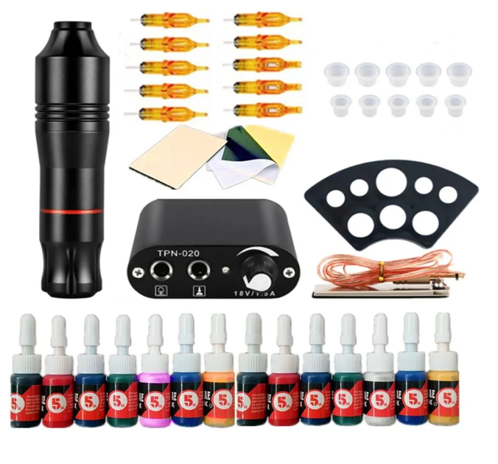 Tattoo Kit Maschinengewehr -Set Farben Tinten Pigment Einwegnadeln Mini Netzteil Anfänger Tätowieren dauerhafter Make -up -Stiftkörper A3377125