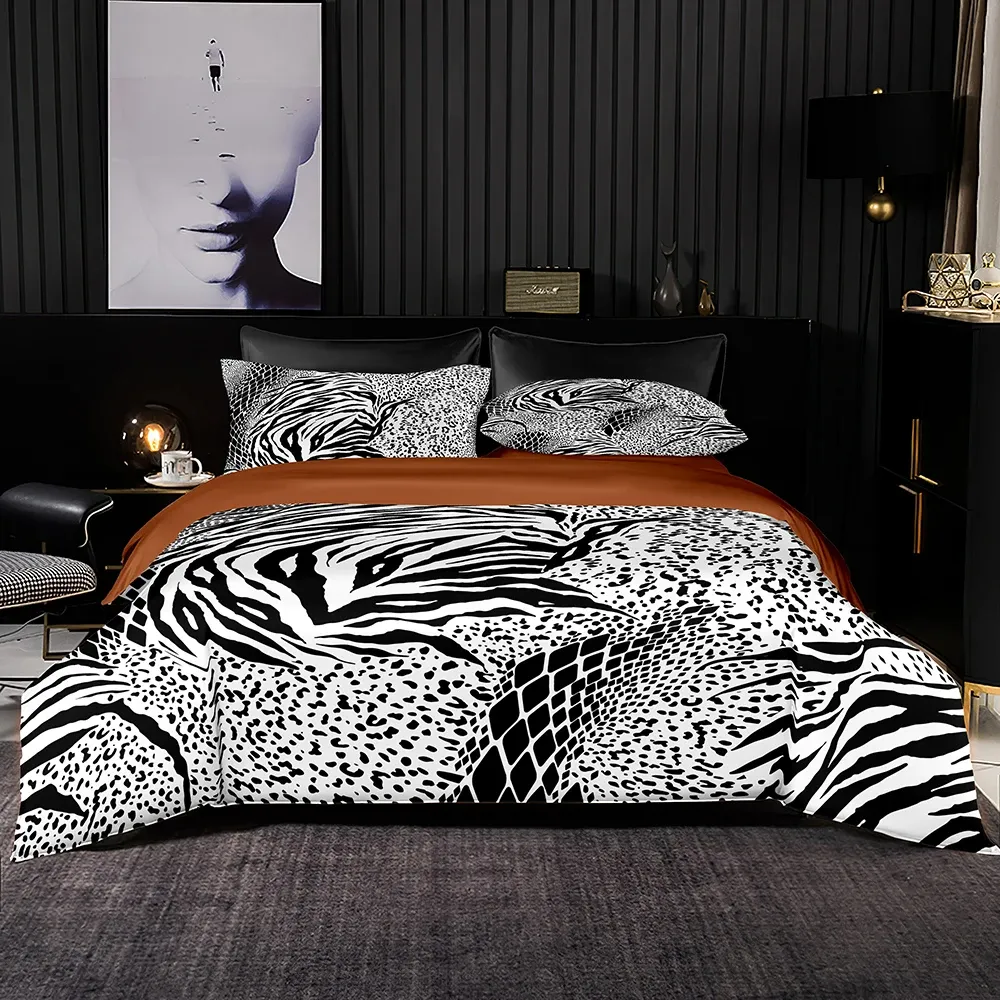 Ensemble de couverture de couette de style abstrait 200x200 avec taie d'oreiller, couverture de courtepointe 240x220, ensemble de litière de motif léopard noir et blanc, ensemble de draps de lit