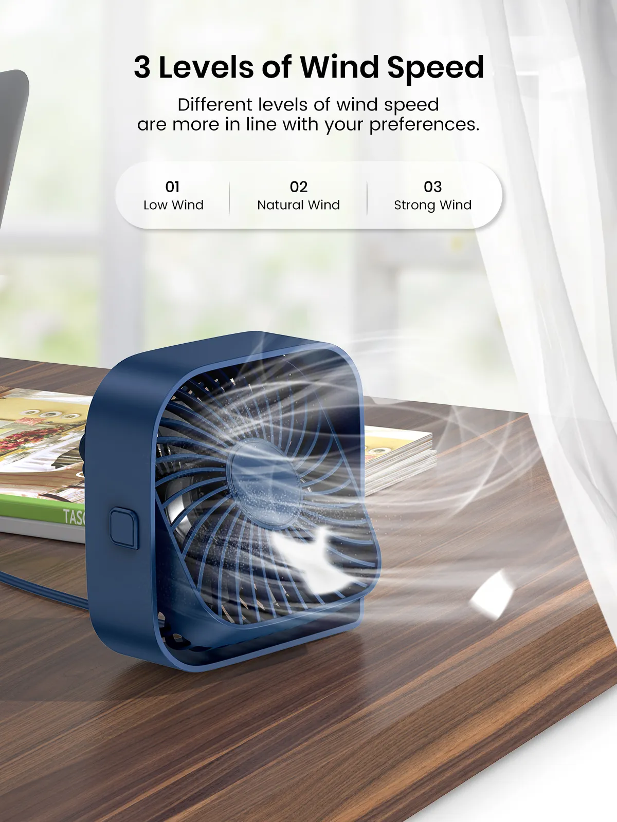 Topk USB Desk Fan Strong Airflow Tyst drift Tre-växlad vind Mini Table Fan 360 ° Roterabel Huvud för hemmakontorets sovrum