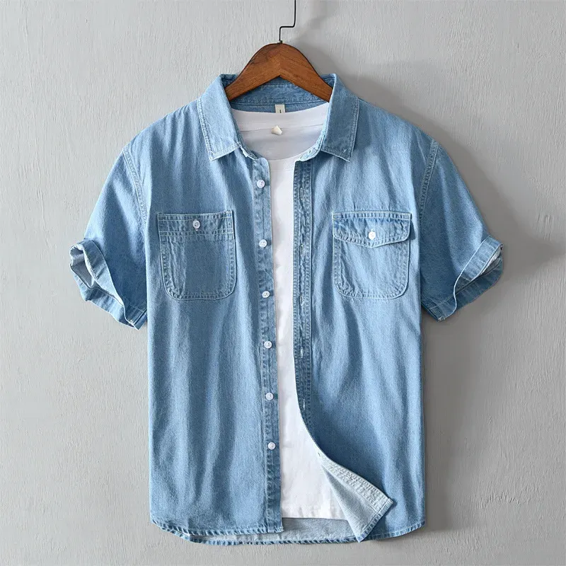 T-Shirts Casual Denim Shirt for Men Summer Short Sleeve Turndown Collar Jean Tops Male Pure Cotton Cowboy Vintage Korean Clothes