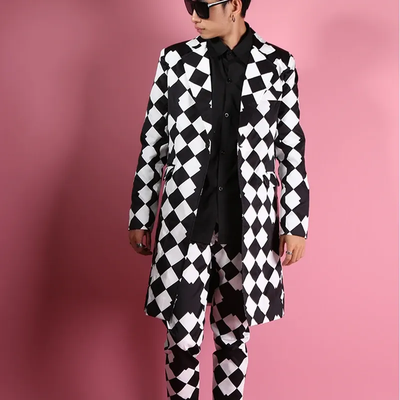 Jackets New Large Diamondshaped Visual Long Suit Tide Male Korean Of Slim Wedding Suits Men Personality Fashion Jacket Plus Size Coat