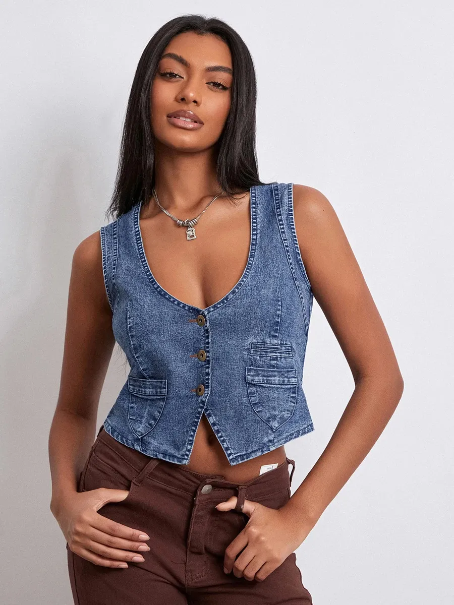 wsevypo Retro Sleeveless Jeans Vests Fashion Womens V Neck Button down Denim Tank Tops Streetwear Grunge Cropped Tanks 240424