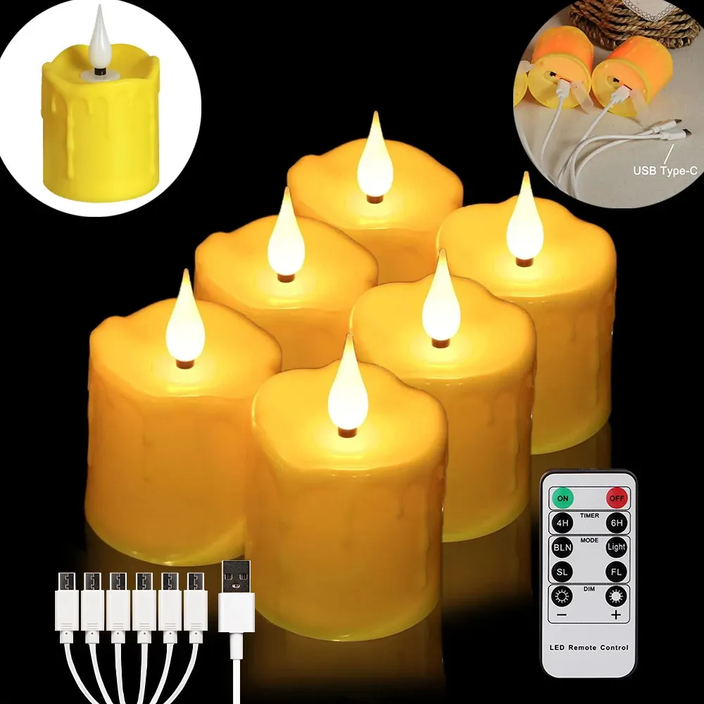 Świeca na herbatę LED z akumulatorami typu C USB ładowanie zdalne dekoracja migocząca Wodoodporne świece wotywne żółte 240417