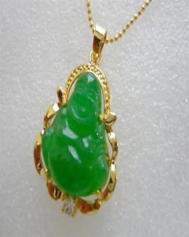 Green émeraude entier Jade Bouddha Jaune Gol Plated Crystal Pendant Collier8210782