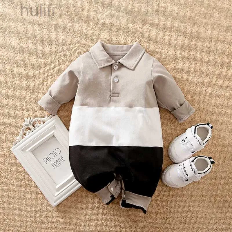 Rompers Newborn Clothing Casual Color Blocking Polo Shirt Cotton Comfortable And Soft Spring And Autumn Long Sleeved 0-18 Baby Jumpsuit d240425